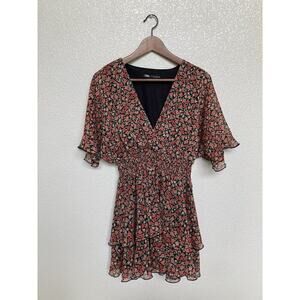 Zara floral smocked tiered mini dress chiffon garden vneck boho feminine medium